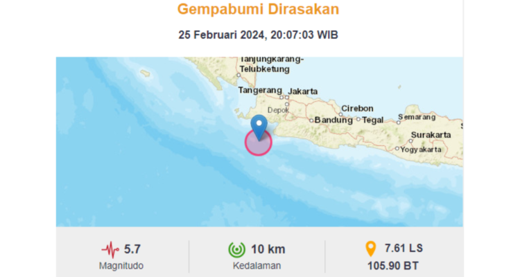 Pusat Gempa Terkini 2 Menit Yang Lalu, Ternyata Banten Diguncang Gempa 5,7 Magnitudo
